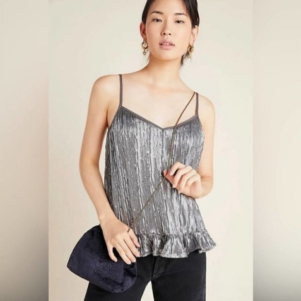 NWT Anthropologie Gray Sequin/beaded Amelie Cami Top with Ruffled hem, Size 8
